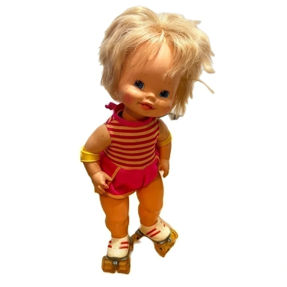 Vintage Mattel Skates Doll Kids Toy Pink Yellow Striped Wind Up